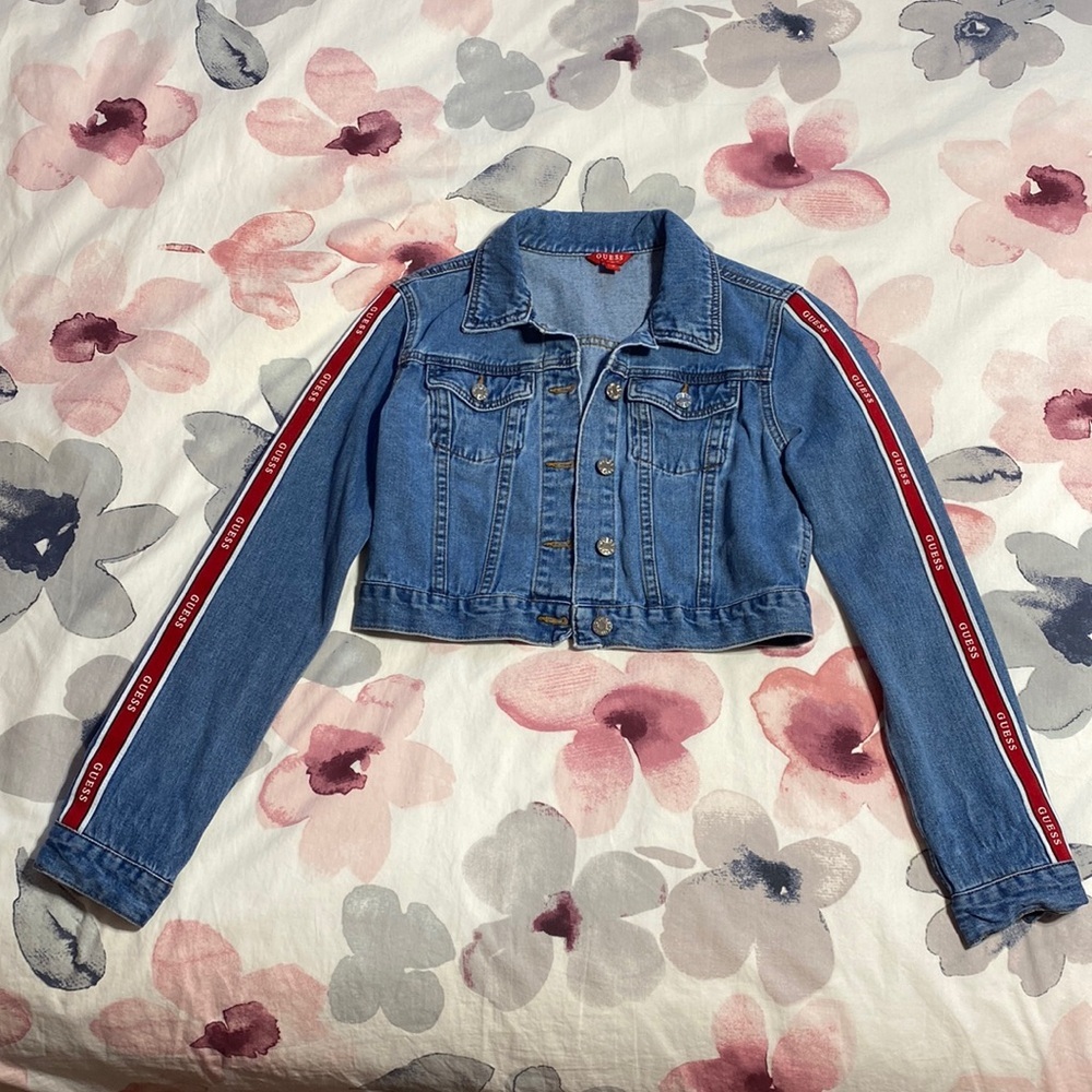 Guess Cropped Blue and Red Jean Jacket Size Small - Picture 3 of 8